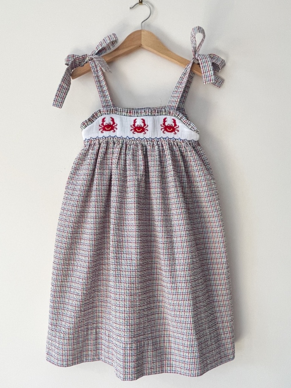 KELLYS KIDS VGUC Hand Smocked Seersucker Gingham Tie Strap Summer Dress